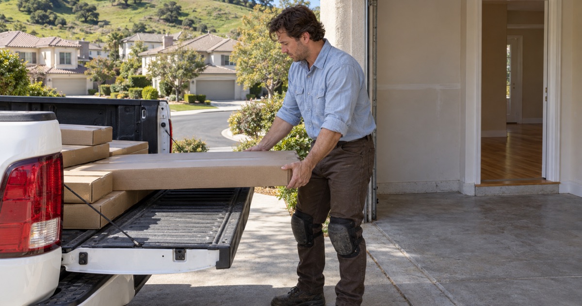 Worker lifting a carton of oak flooring off the tailgate of a plain work pickup in the driveway of a two-story stucco house in Diamond Bar.