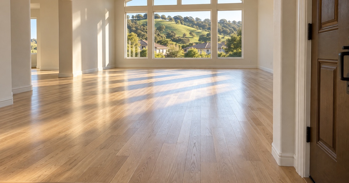Refinished white oak floor in the great room of a 1980s two-story house in Diamond Bar, afternoon light falling across the boards toward a hillside view.