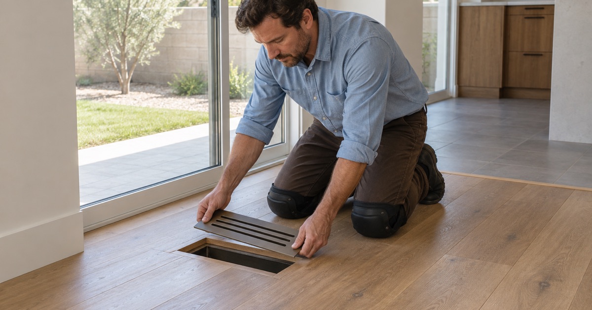 Worker lifting a floor vent out of an engineered oak floor in a Diamond Bar home to see how thick the wear layer is before any sanding is promised.