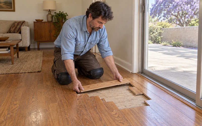 Worker lowering a new oak strip into a staggered repair opening in the floor of a Diamond Bar living room, so the replacement boards weave into the old ones.