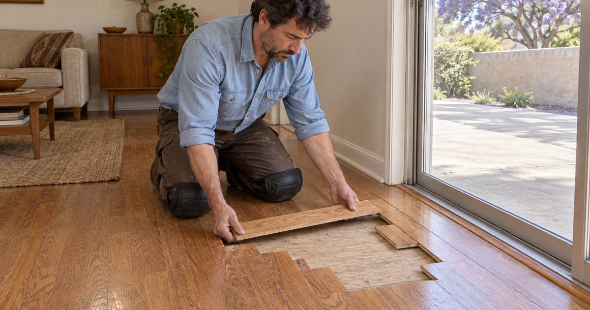 Worker lowering a new oak strip into a staggered repair opening in the floor of a Diamond Bar living room, so the replacement boards weave into the old ones.