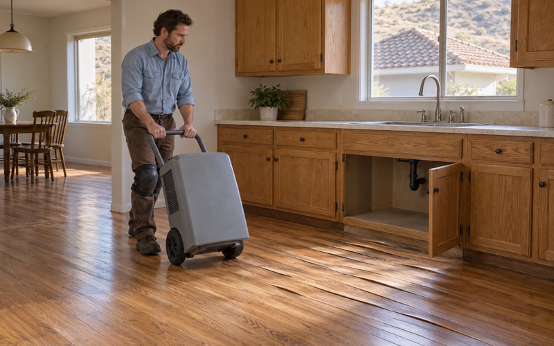 Worker wheeling a dehumidifier into place beside cupped oak boards in a Diamond Bar kitchen after a leak under the sink.