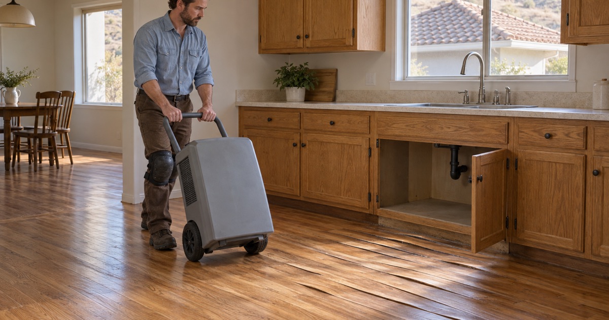 Worker wheeling a dehumidifier into place beside cupped oak boards in a Diamond Bar kitchen after a leak under the sink.