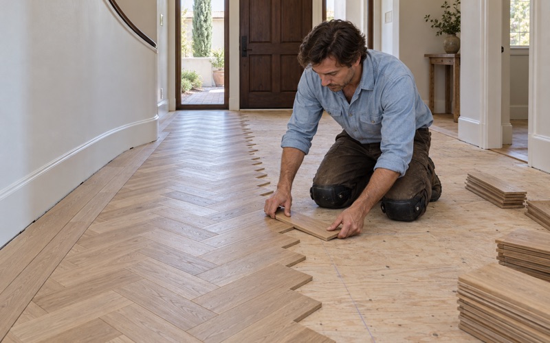 Worker setting white oak herringbone slats along a centerline in the entry hall of a Diamond Bar house, a straight border framing the pattern.
