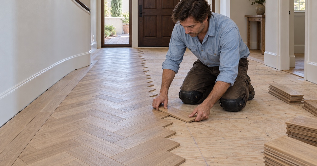 Worker setting white oak herringbone slats along a centerline in the entry hall of a Diamond Bar house, a straight border framing the pattern.