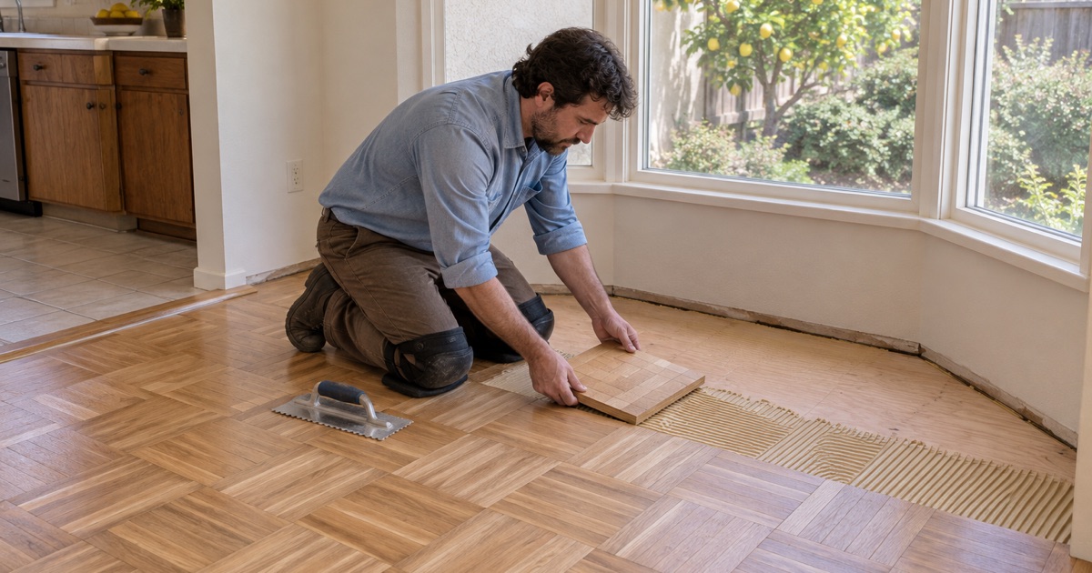 Worker setting a new oak parquet square into adhesive in the breakfast nook of a Diamond Bar house, the finger-block pattern filling the floor.