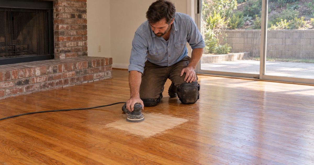 Worker sanding a small test patch through yellowed, orange-toned finish on an oak floor in a Diamond Bar family room to show the natural wood beneath.