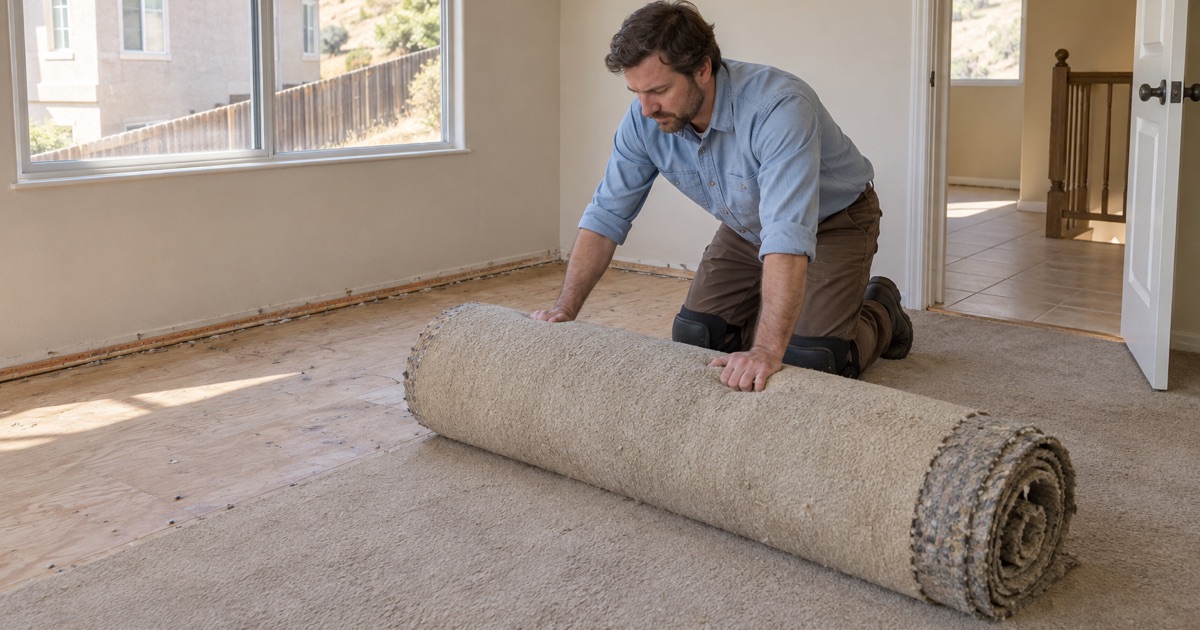 Worker rolling up old carpet and pad in a 1980s Diamond Bar bedroom to clear the plywood subfloor for a new hardwood floor.