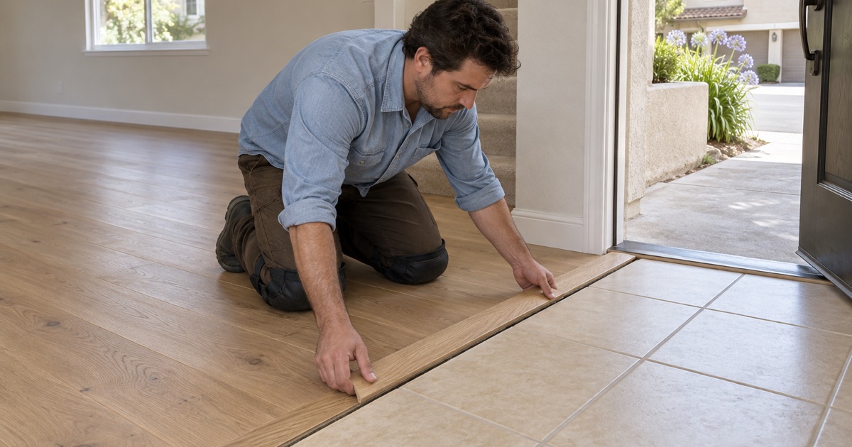 Worker setting a flush oak reducer where a new engineered white oak floor meets the ceramic tile entry of a Diamond Bar townhome.