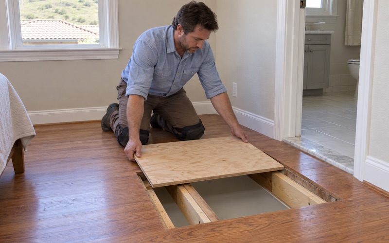 Worker lowering a new plywood patch over exposed floor joists where damaged subfloor was cut out of an upstairs bedroom in a Diamond Bar house.