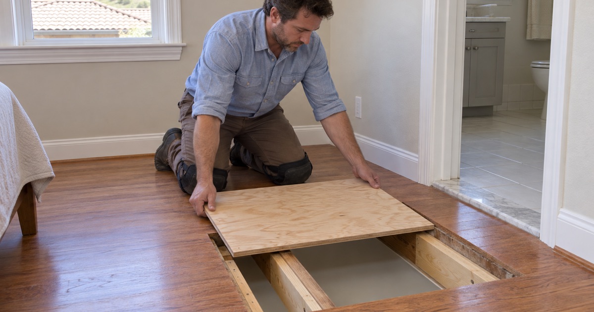 Worker lowering a new plywood patch over exposed floor joists where damaged subfloor was cut out of an upstairs bedroom in a Diamond Bar house.
