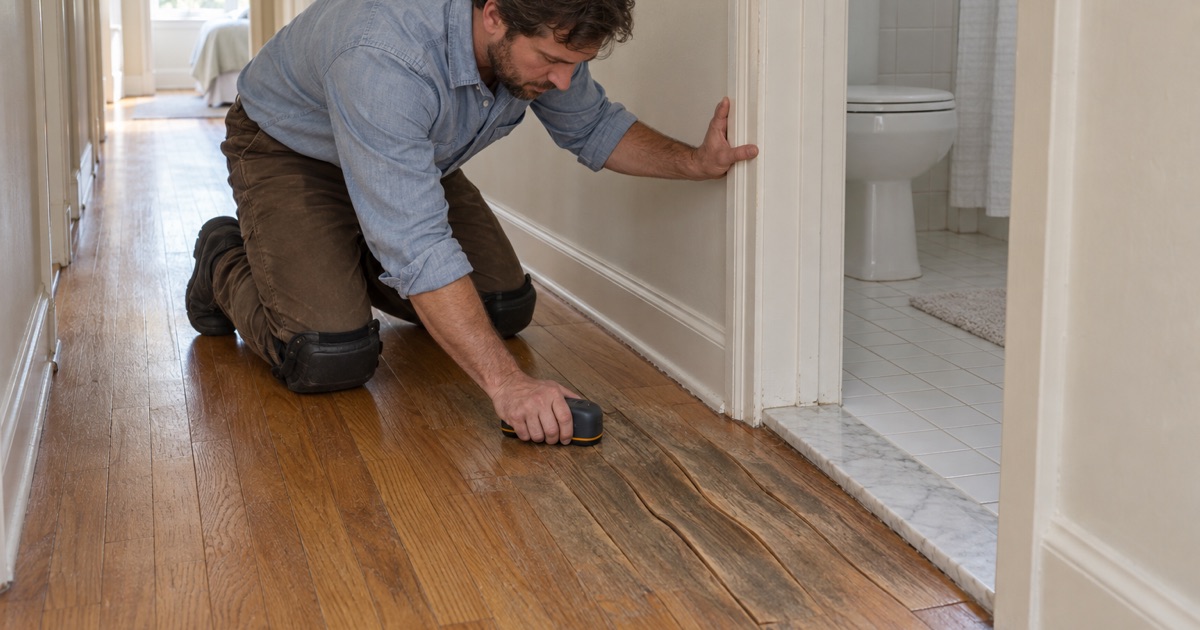 Worker pressing a moisture meter flat against a darkened, cupped oak board at a bathroom doorway in a Diamond Bar house.
