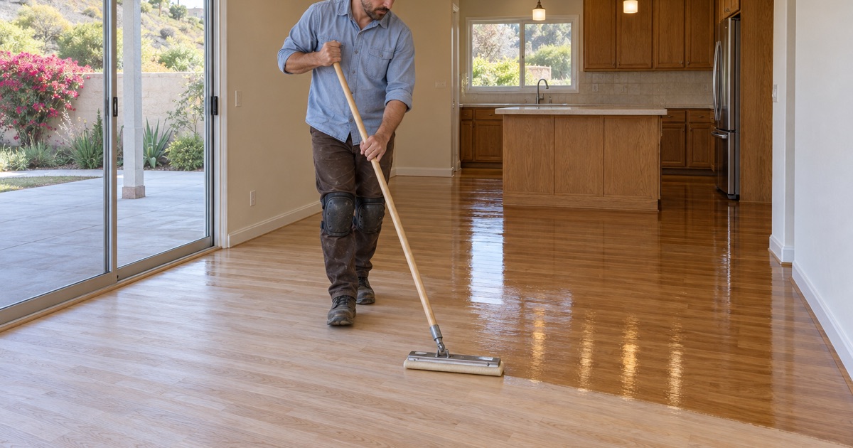 Worker drawing a finish applicator backwards across freshly sanded oak flooring in a 1980s Diamond Bar house, the new coat shining ahead of him.