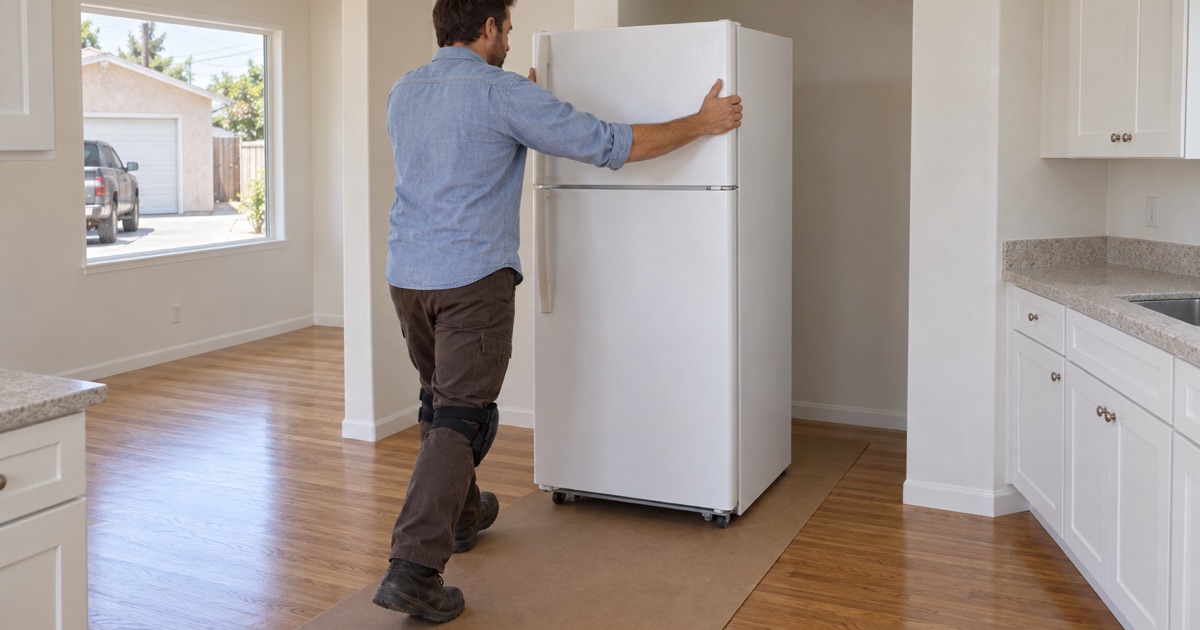 Worker easing a refrigerator back over a protected, refinished oak kitchen floor in a rented house in Artesia.