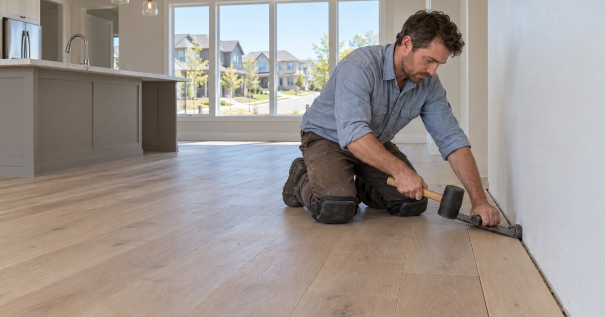 Worker closing the last row of a new engineered oak floor against the wall with a pull bar in a newer two-story home in Brea.