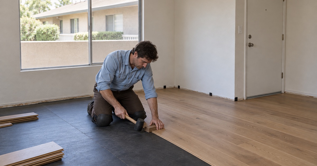 Worker tapping a new engineered oak plank into place in an upstairs apartment unit in Charter Oak.