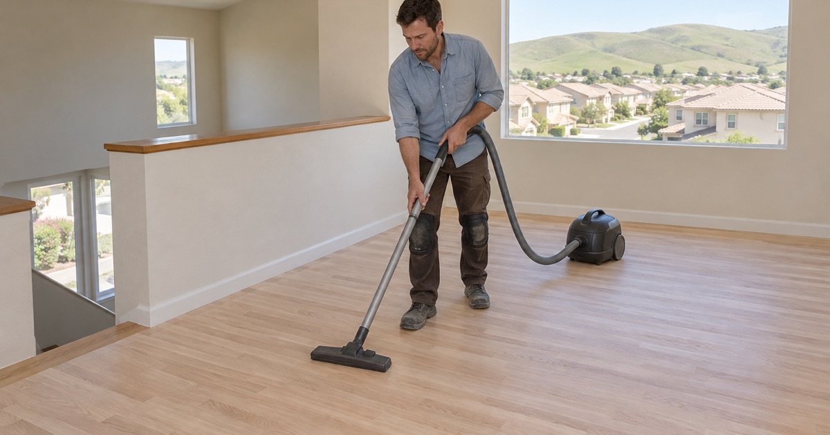 Worker vacuuming a freshly sanded oak floor between coats in the loft of a 1990s two-story house in Chino Hills, open hills beyond the window.