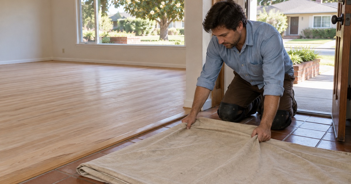 Worker spreading a canvas drop cloth over the tile entry beside a freshly sanded oak living room floor in a 1950s ranch house in Covina.