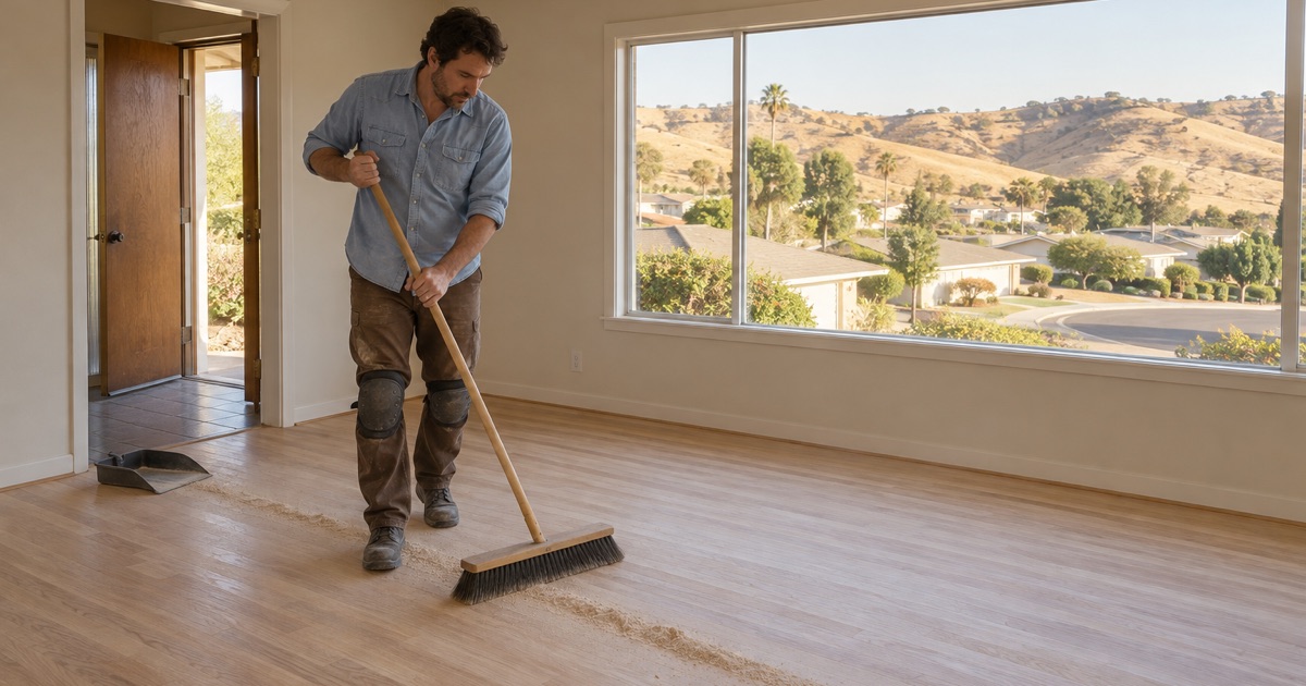 Worker sweeping sanding dust off a bare oak floor in a 1960s ranch house on a Hacienda Heights hillside street.