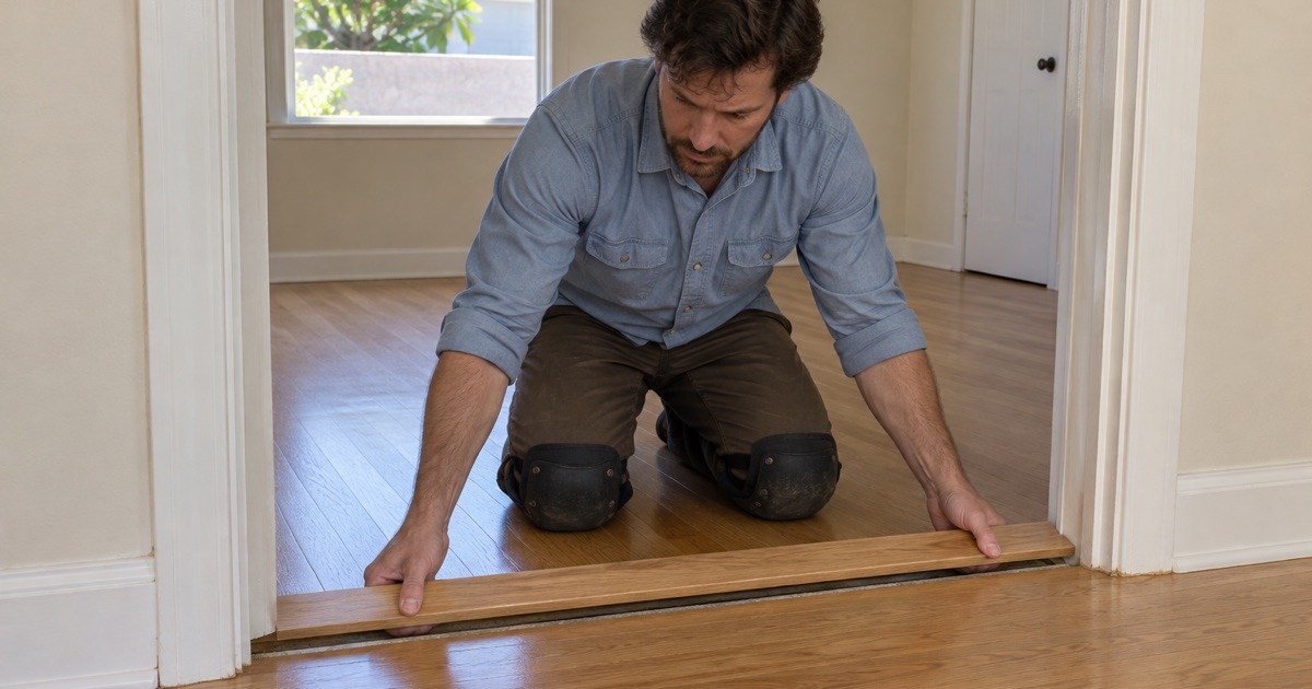 New oak threshold fitted in an older detached home in Hawaiian Gardens after its bedroom floor was refinished.