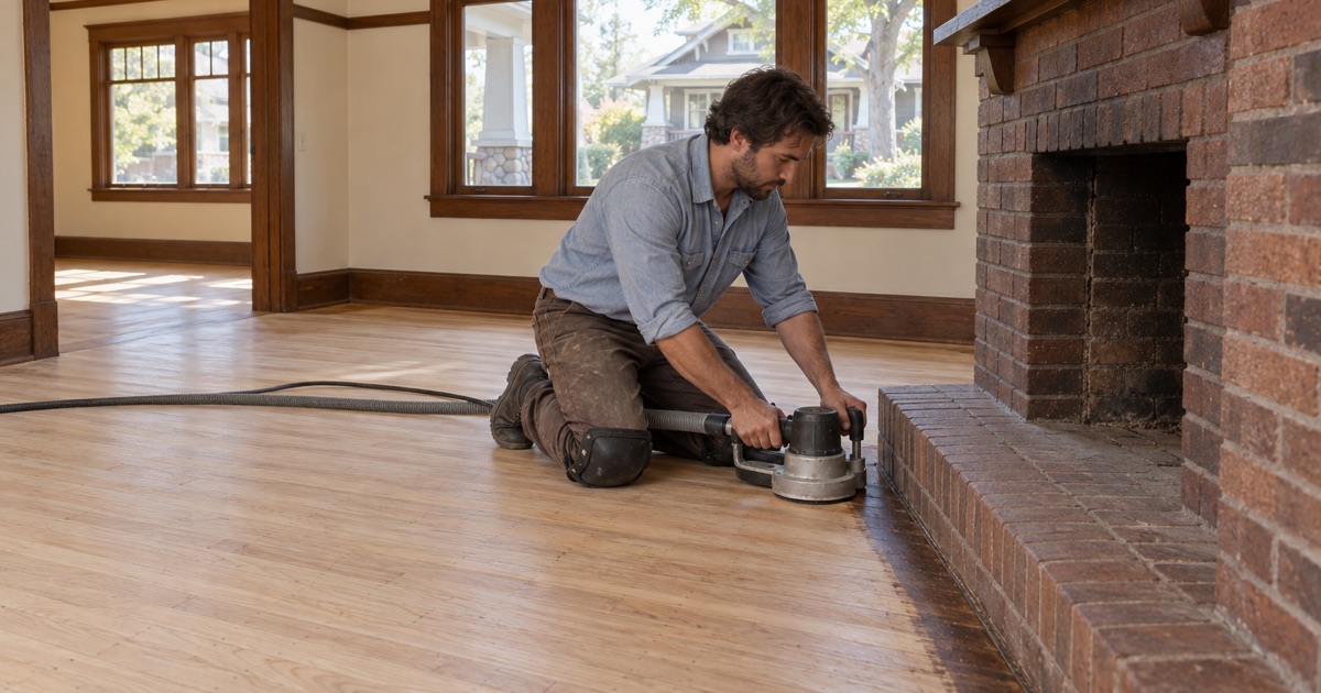 Worker running an edger along the clinker-brick hearth of a Craftsman bungalow in Pomona, bringing the original oak floor back to bare wood.