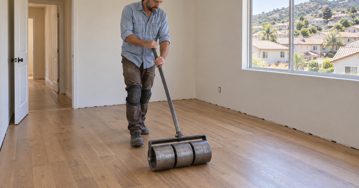 Worker rolling a weighted floor roller over new glued oak planks in an upstairs room of a 1990s house in Rowland Heights, the Puente Hills beyond.