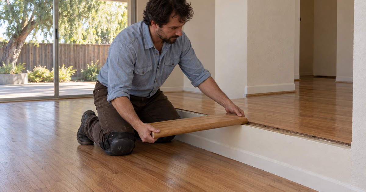 Worker fitting a new oak stair nose at the sunken living room step of a 1970s home in San Dimas.