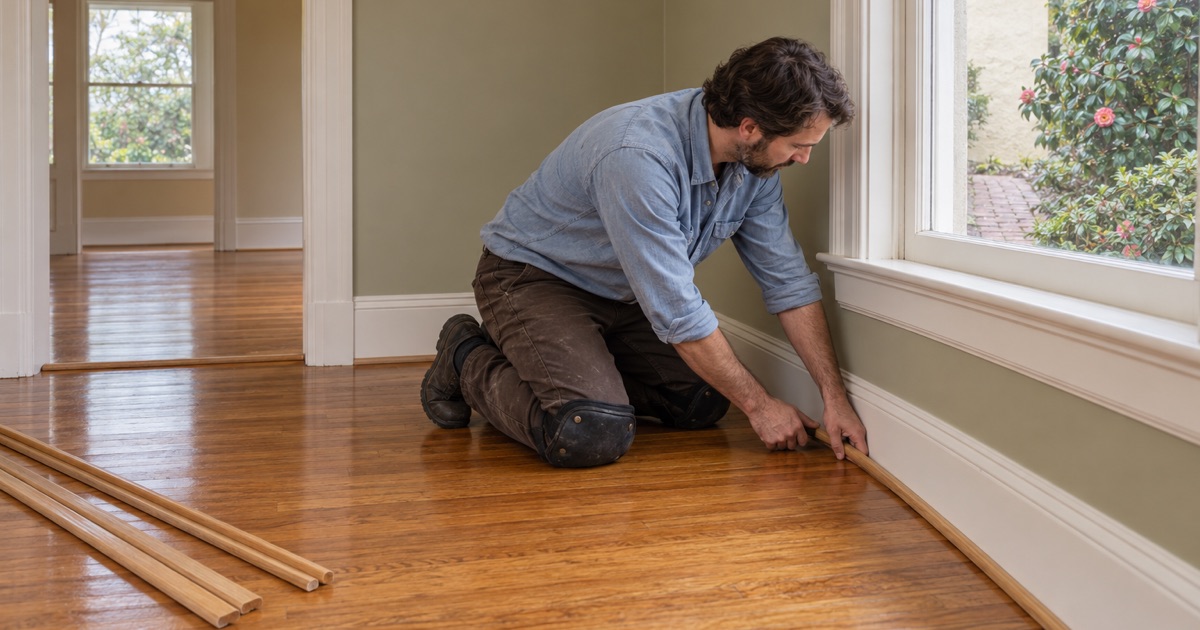 Shoe molding pressed back along the refinished oak floor of an older house in San Marino.