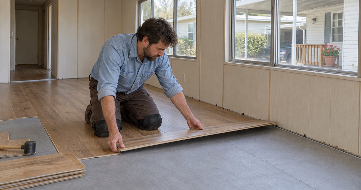 Worker clicking an engineered oak plank into place inside a manufactured home in South San Jose Hills.