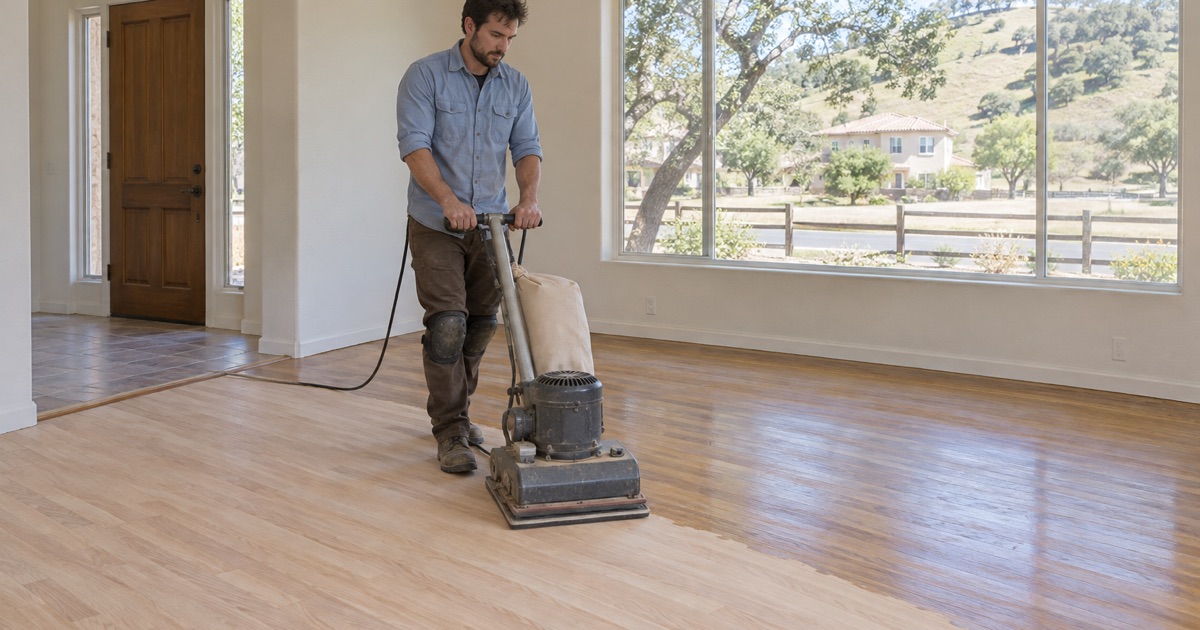 Worker walking a square orbital floor sander across oak flooring in a 1980s two-story house in Walnut, California, with open hillside beyond.
