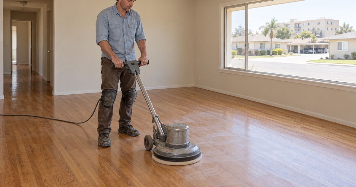Worker screening a sanded oak floor with a floor buffer in the living room of a 1950s stucco ranch house in West Covina.