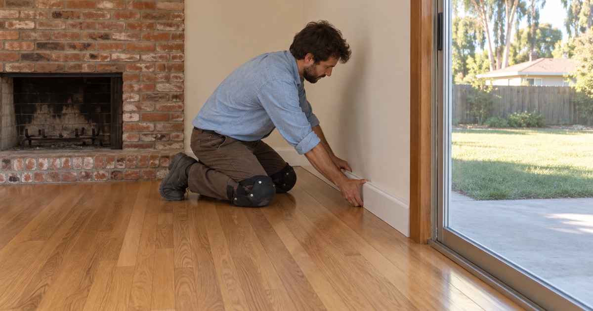 Worker pressing a length of painted baseboard back into place along a refinished oak floor in a 1970s ranch house in Yorba Linda.